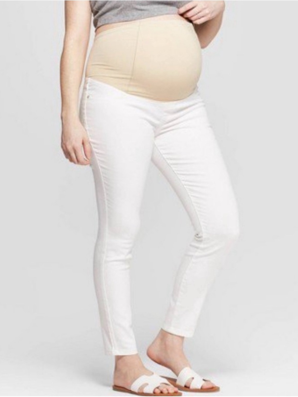 Isabel Maternity by Ingrid & Isabel White Ankle Maternity Pants with Nude Panel